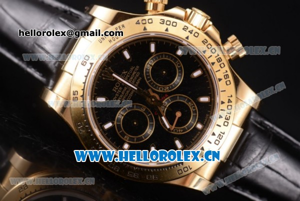 Rolex Cosmograph Daytona Clone Rolex 4130 Automatic Yellow Gold Case with Black Dial Stick Markers and Black Leather Strap (BP) - Click Image to Close